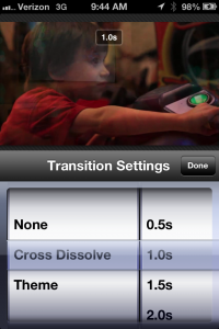 Once you have multiple visuals on the timeline, double-tapping the transitions will allow you to choose the transition type and duration.